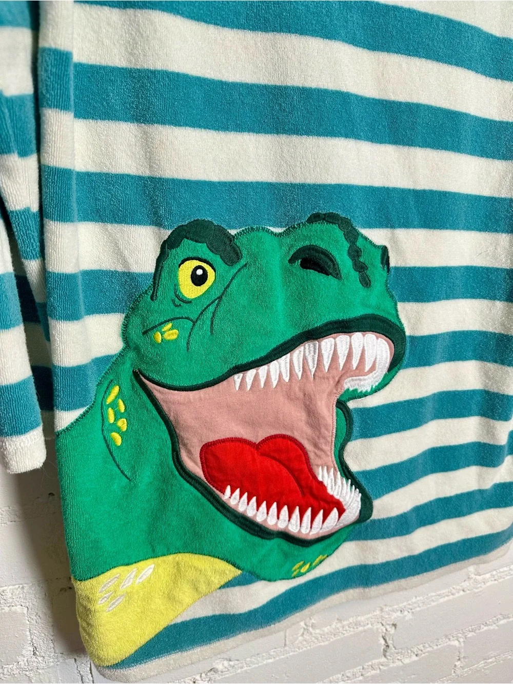 Boden Mini Striped Dinosaur Appliqué Hooded Terry Towel Pullover 11-12y